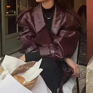 Retro Wine Red Short Leather Jacket Women's Casual Turn-down Collar Warm Slim Fit Coats 2025 Autumn Lady Street Party Outwears