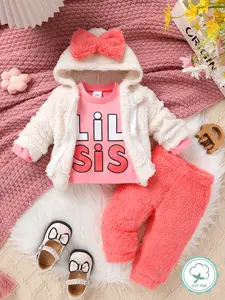 3-piece Casual, Sweet And Cute Baby Girl Set, Soft And Comfortable, With Butterfly Tie Contrasting Decoration Hooded Teddy Bear Long Sleeved Jacket, Letter Printed Round Neck Long Sleeved T-shirt And Solid Color Elastic Waist Teddy Bear Pants