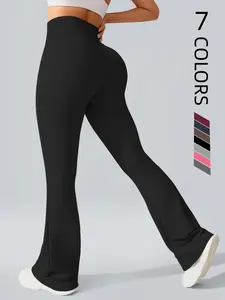 Women's Solid High Waist Flare Leg Sports Elastic Waist Leggings, Flared Yoga Bottoms, Casual Comfy Breathable Fitness Pants for Gym,Workout and Running, Ladies Sportswear for All Seasons