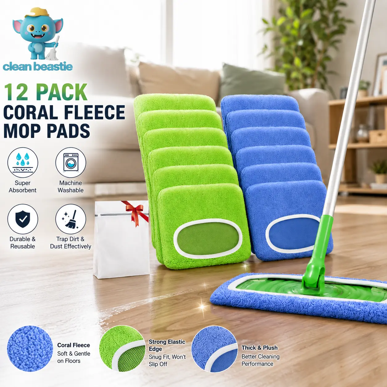 12Pcs Washable Microfiber Mop Pads, Reusable Wet & Dry Floor Cleaning Refills, Replacement Mop Pad Covers with Laundry Bag for Home Cleaning | Clean Beastie