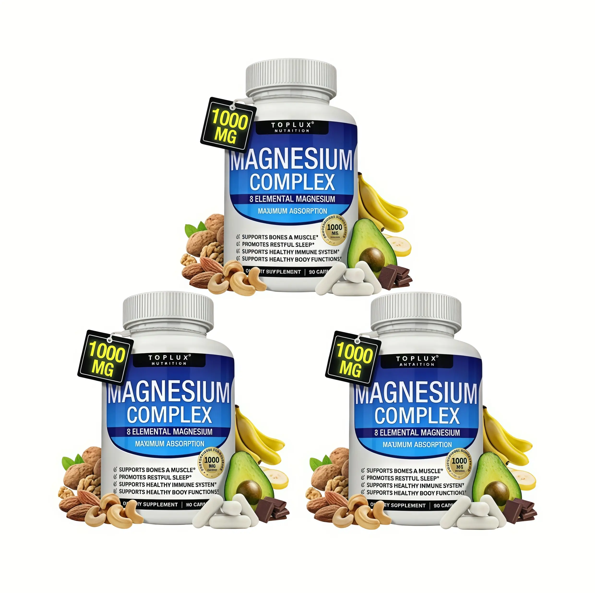 3-HOt Toplux 8-in-1 Magnesium Complex 1000mg - Multi-Source Magnesium Supplement for Stress Relief, Bone & Nerve Support