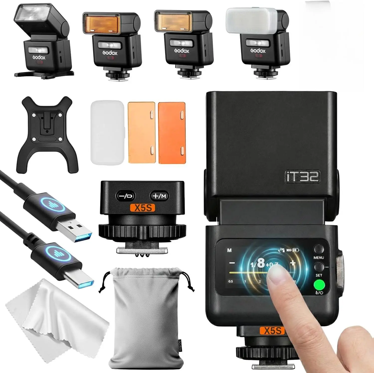 Godox iT32 TTL Camera Flash with X5 Flash Trigger for Sony Canon Nikon Fuji Olympus Panasonic Leica Cameras Magnetic Hotshoe & Trigger 2 in 1 Colorful Touch Screen Rotatable Flash Head X System TTL&HSS LED Modeling Lamp Creative Accessories