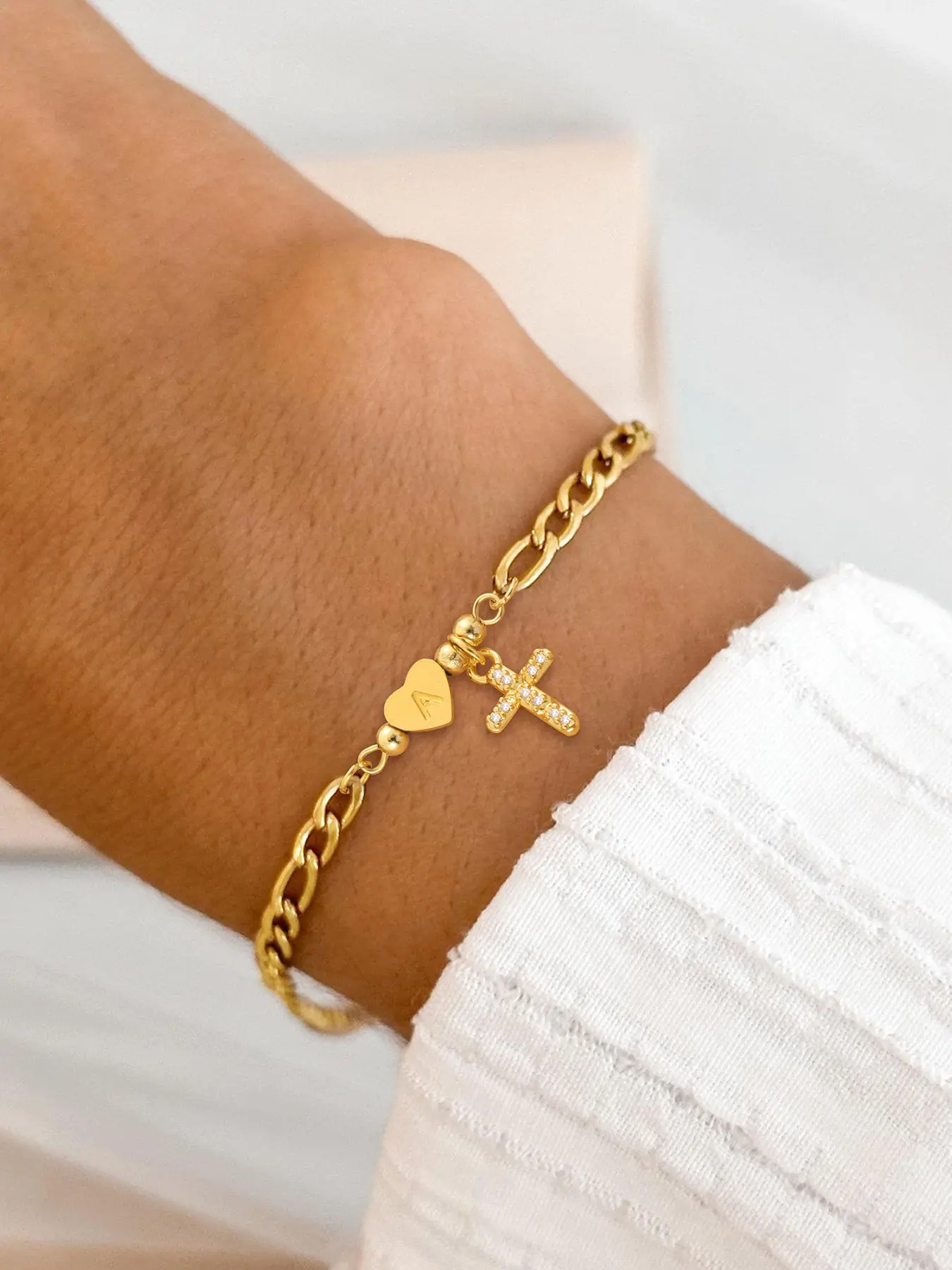 Women's Heart Initial Zircon Cross Pendant Letter Link Bracelet, Stainless Steel Figue Chain, Fashion Jewelry for Women