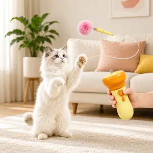 Interactive Electric Cat Teaser Toy, Handheld Cat Fishing Wand with Soft Fluffy Pom Balls, Fun Indoor Exercise Toy for Cats