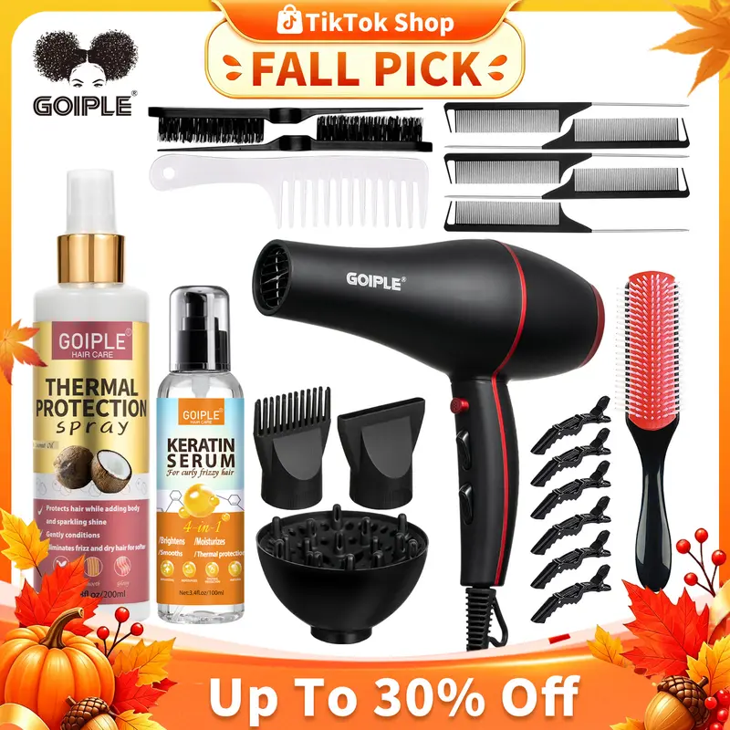 Goiple Professional 1800W Powerful Blow Dryer Set - Ionic, Low Noise, Constant Temp Control, Full-Size Diffuser, Keratin Serum Concentrator, Blow Dryer Brush, 1 Count 6.8fl.oz Thermal Protection, Adjustable Heat & Speed Settings, Hair Tools for Blowout