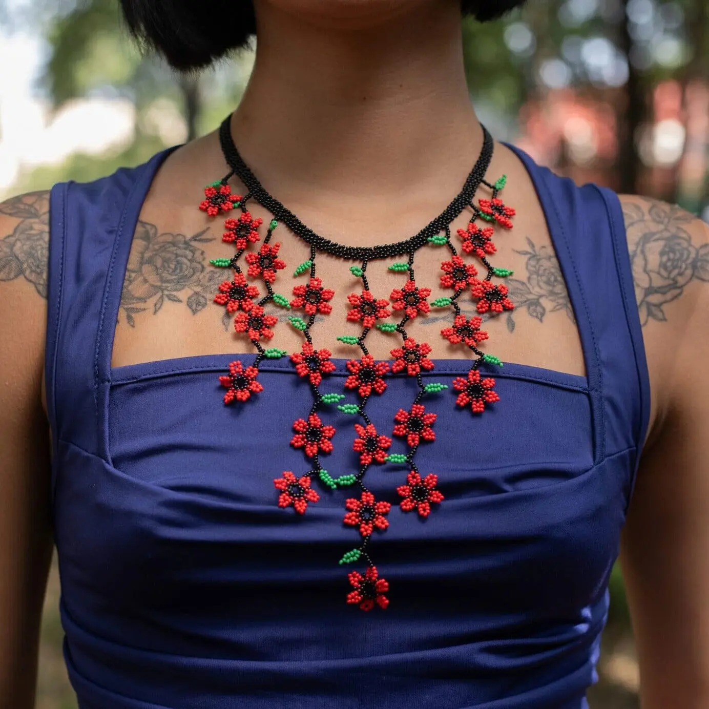 Roses Florecitas - Native Beaded Necklace with Vibrant Red Blooms - Handmade by Huichol Artisans - Mother Sierra