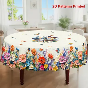 1pc, Spring Summer Themed Party Tablecloth, Colorful Butterflies Floral Oil Painting Style Printed Design, Rectangular/Round/Oval Table Cloth, Embossed Edge, Suitable For Indoor Outdoor Dining Picnic Dinner Dining Room Decoration Picnic Table Cover