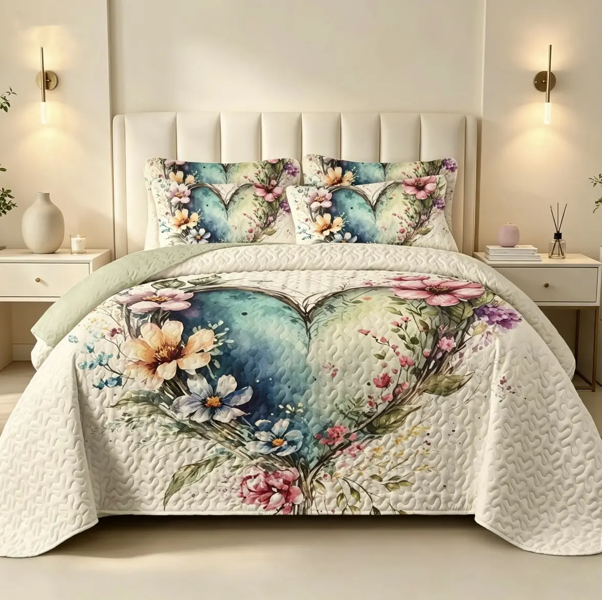 Eternal Night Heart River Lightweight Quilted Thin Quilt, Romantic Heart-Shaped Floral Bedspread. Watercolor Heart Printed Bedding Set. King/Queen/Full sizes include 2 decorative pillow shams; Twin size includes 1 decorative pillow sham. Soft and comforta