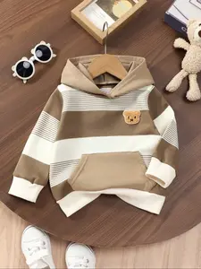 Baby Boy Casual Striped Bear Embroidery Hooded Long Sleeve Sweatshirt, Fall & Winter Daily Wear, Outdoor Play, Christmas Party Gift, Cute Sweatshirts