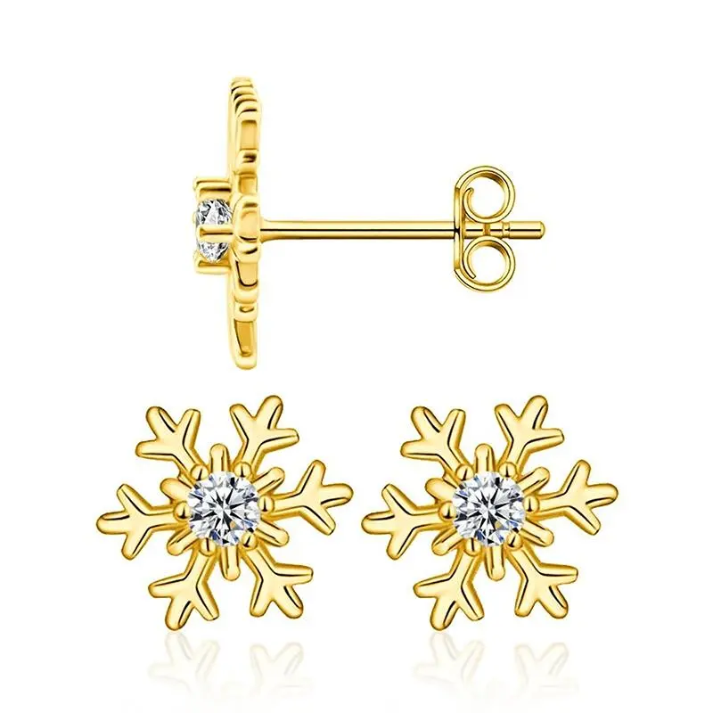 Women's Gold Plated Snowflake Stud Earrings - Elegant Artificial Gemstone Jewelry with Sparkling CZ, Romantic Gift for Engagement, Happy Birthday