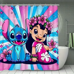 DISNEY CLASSIC Lilo & Stitch Floral Theme Shower Curtain - Waterproof Polyester Bathroom Shower Equipment with 12 C-Hooks, Multi-Size Flower Decor for Kids' Bathroom