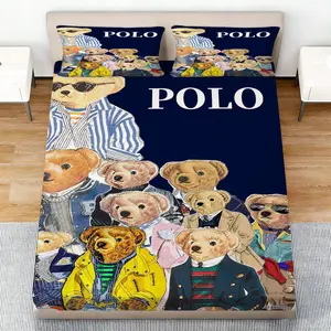 3pcs Polo Bear Theme Bedding Set, Blue Base with Colorful Accents, Includes Sheet and Pillowcases, Soft Washable, Perfect Gift, Bed Sheets Set