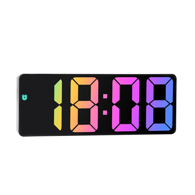 AMIR Upgraded 8-in-1 Modern Rectangle Metal Digital Clock (Black, 8 inch) - Home Desk Decor, Rainbow LED Display, Type-C USB Port, Adjustable Brightness, DST, Snooze, 24H Display, 3 AAA Batteries Compatible, Alarm+Temp, Tap/Speak to Wake, Birthday Gift