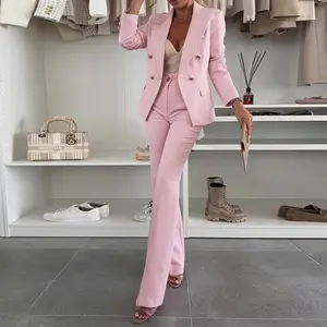 CHICME Women's 2-Piece Long Sleeve Blazer & Trouser Set - 2026 Notched Collar Double-Breasted Button Design, Plain Casual Fitted Fabric Outfit with Elastic Waist Slim Fit Flared Pants for Valentine's Day, Wedding Guest