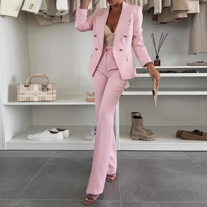 CHICME Women's 2-Piece Chic and Stylish Tailored Suit Set - Polyester Long Sleeve Notched Collar Double-Breasted Blazer, Elastic Waist Slim Flared Pants, Elegant Ready-to-Wear Plain Casual Wedding Guest Outfit, Trouser, Fabric