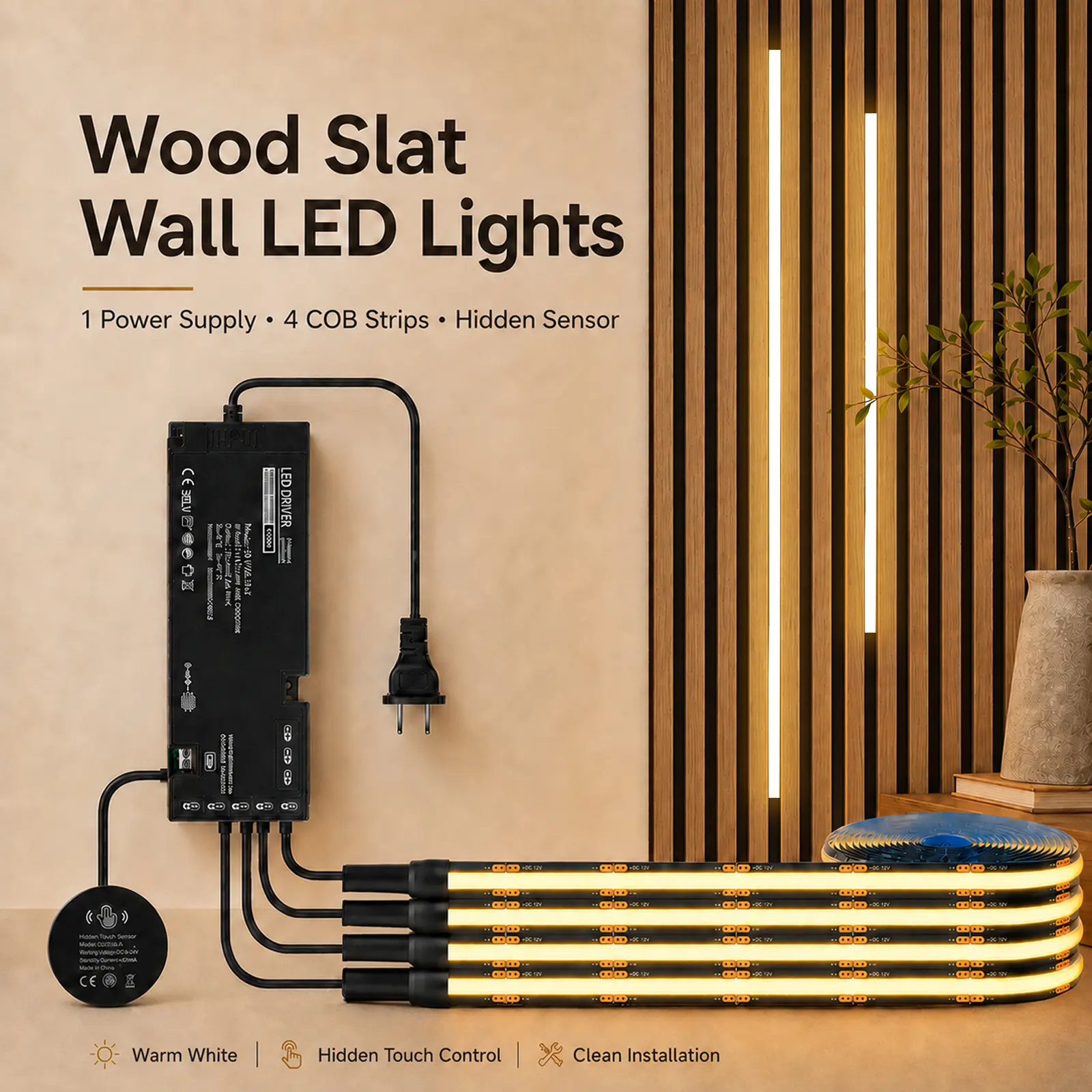 4-Pack 1m COB LED Strip Light Kit, Dimmable Sensor-Controlled, 4M / 13.1Ft Total Length, US Plug for Acoustic Slat Wall Panels, TV Backlighting, Shelves & Home Decoration