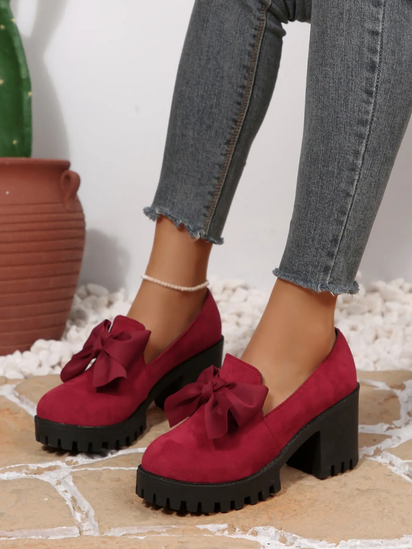 Women's Fashion Bow Design Slip-On Platform Loafers, Casual Fall Winter Shoes, Comfortable Round Toe Daily Wear, Thick Sole Rubber Leather Boots, Bowknot Design Loafers