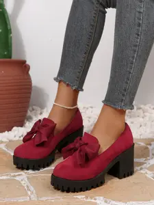 Women's Fashion Bow Design Slip-On Platform Loafers, Casual Fall Winter Shoes, Comfortable Round Toe Daily Wear, Thick Sole Leather Boots