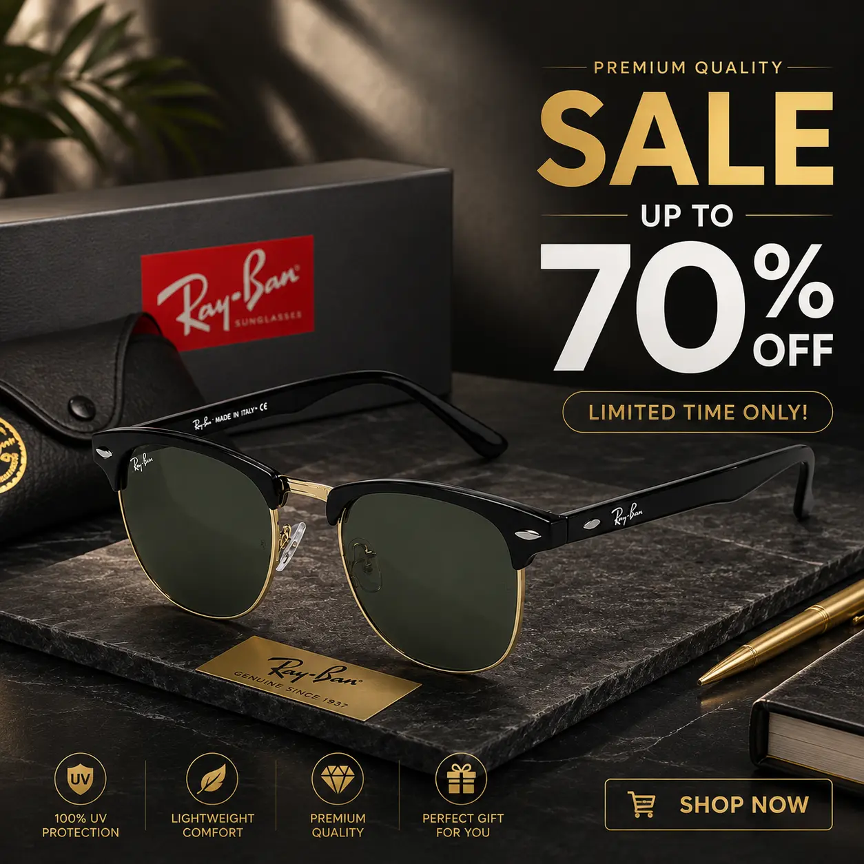 Ray-Ban Clubmaster Sunglasses for Men – Black Frame, Iconic Fashion Style
