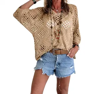 Women's Boho Crochet Top V Neck Hollow Out Knit Sweater Batwing Sleeve Summer Beach Cover Up - Mother's Day Gift