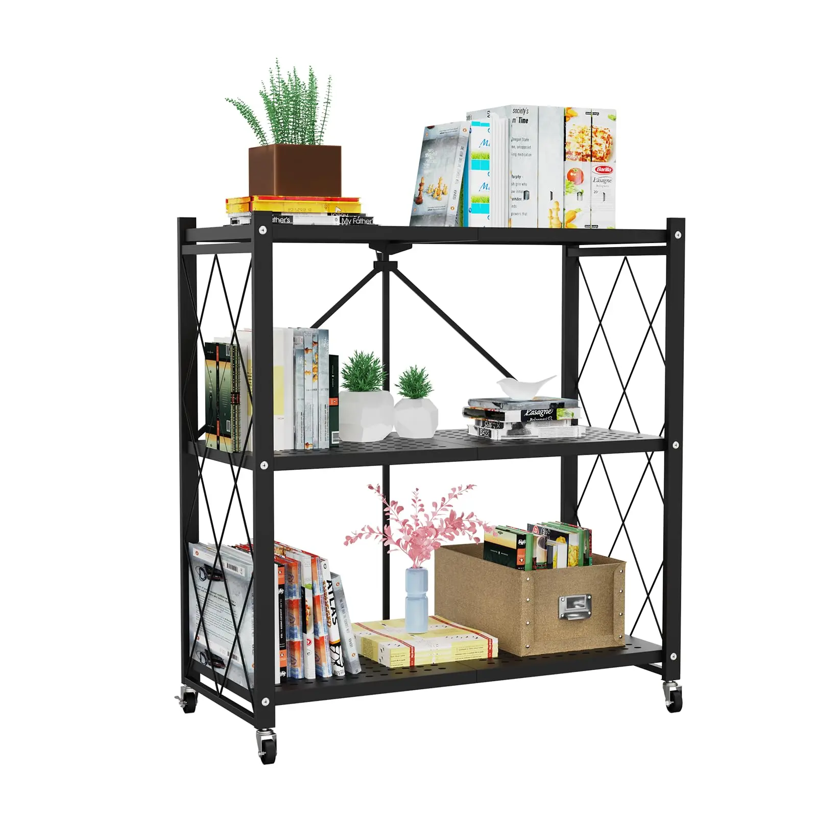 3-Tier Folding Shelves with Locking Wheels, Foldable Shelf Storage Cart - Heavy Duty 550 lbs, No Assembly Metal Wire Organizer Rack for Kitchen Pantry, Garage, Office (Black)