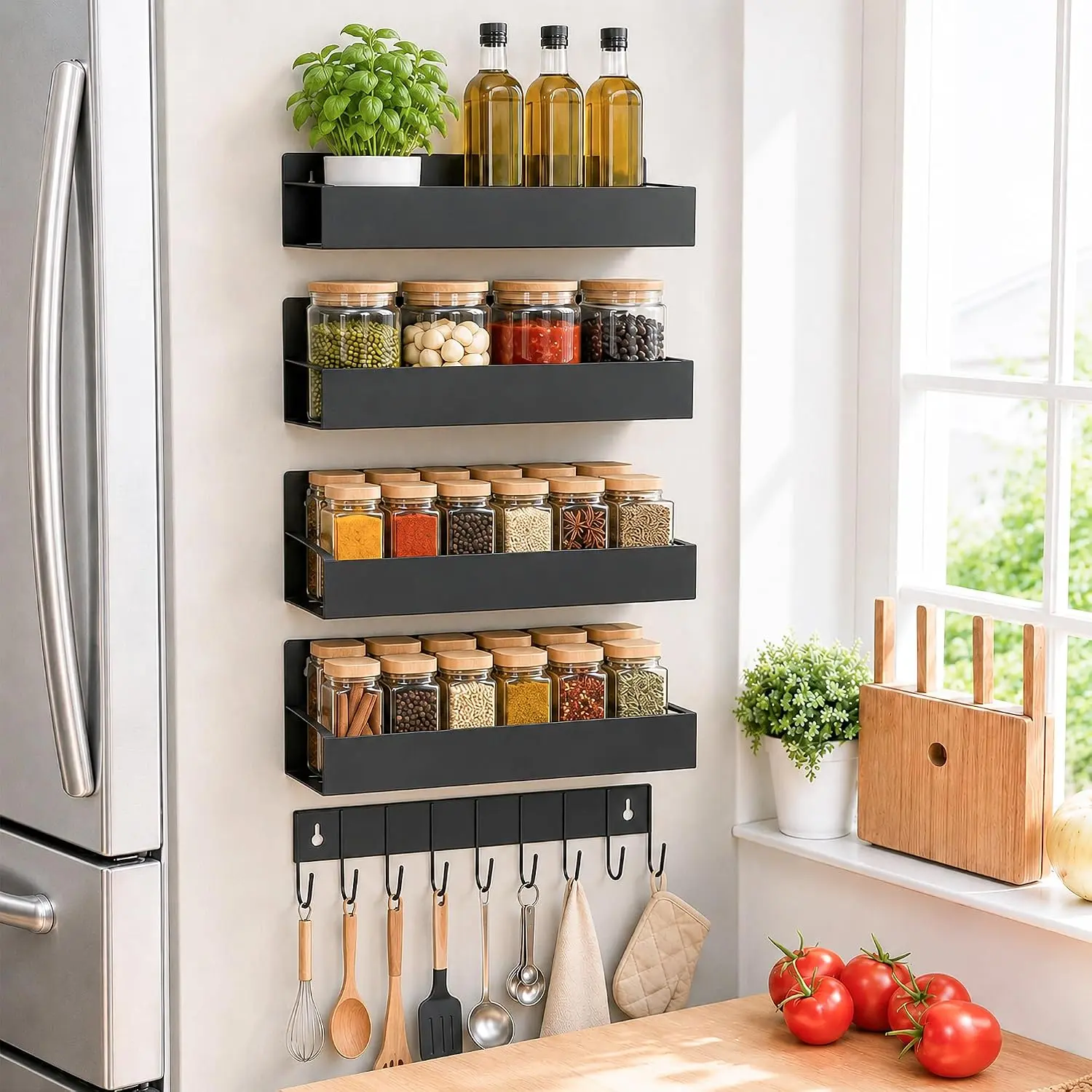 Spice Rack Wall Mount: 4 Packs Oversize Pantry Organization And Storage Rack Without Drilling - 11.8 Inch Black Large Adhesive Hanging Kitchen Spice Racks for Smooth Wall - Seasoning Rack