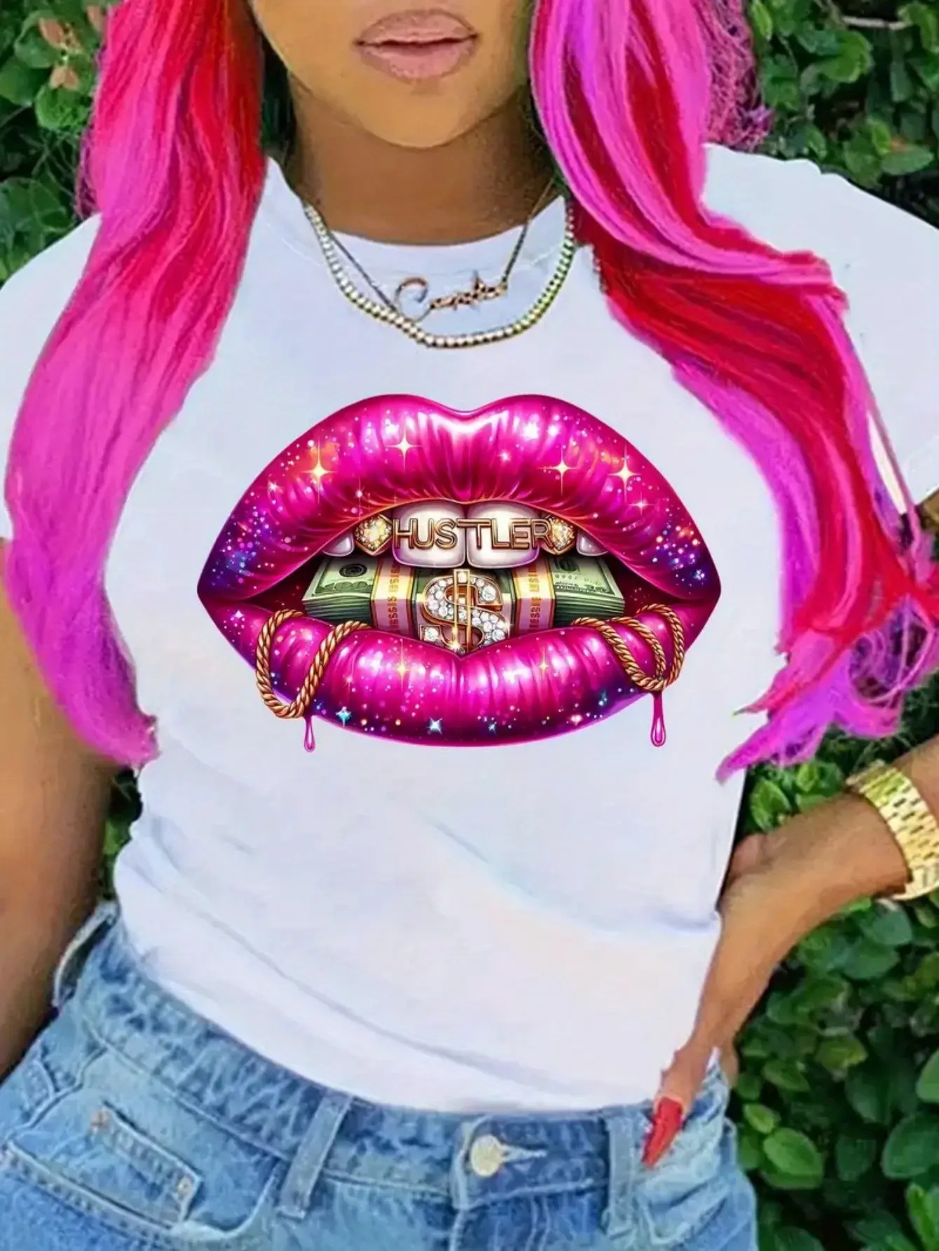 Glitter Lip Print 'Hustler' Graphic Short Sleeve Crew Neck T-Shirt |   Shiny Pink Lips and Golden Dollar Design, Summer Fashion Street Style Top, Durable Fabric, Casual Weekend Style, Comfortable Fit, Statement Shirt