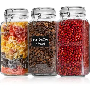 3-Pack 78oz Large Square Airtight Glass Jars for Bulk Food, Holds a 4lb Bag of Sugar or 5lb of Rice, Wide Mouth Canister for Flour, Coffee & Pantry Organization
