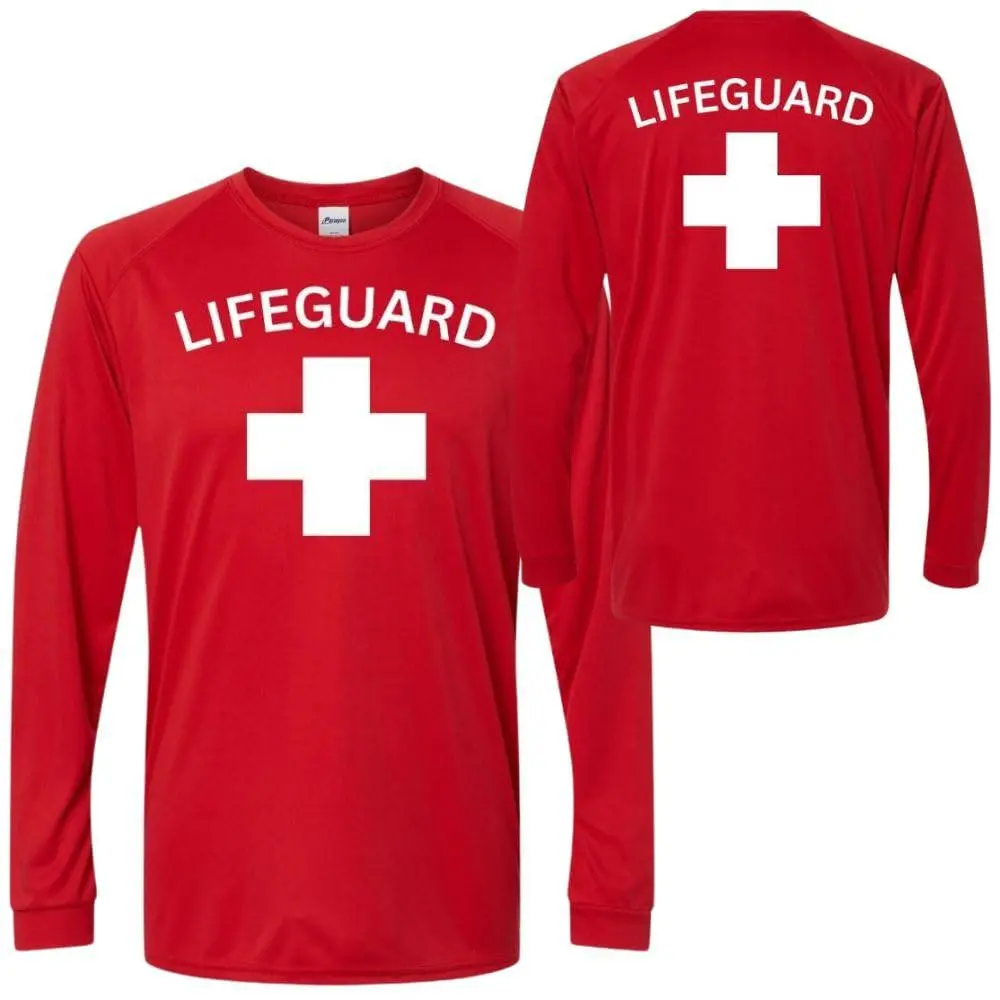 Women's Classic Red Lifeguard Raglan Longsleeve T-Shirt - 100% Polyester, UPF Sun Protection, Unisex Crewneck, Machine Washable Beach Outdoors Clothes, Daily Casual Top