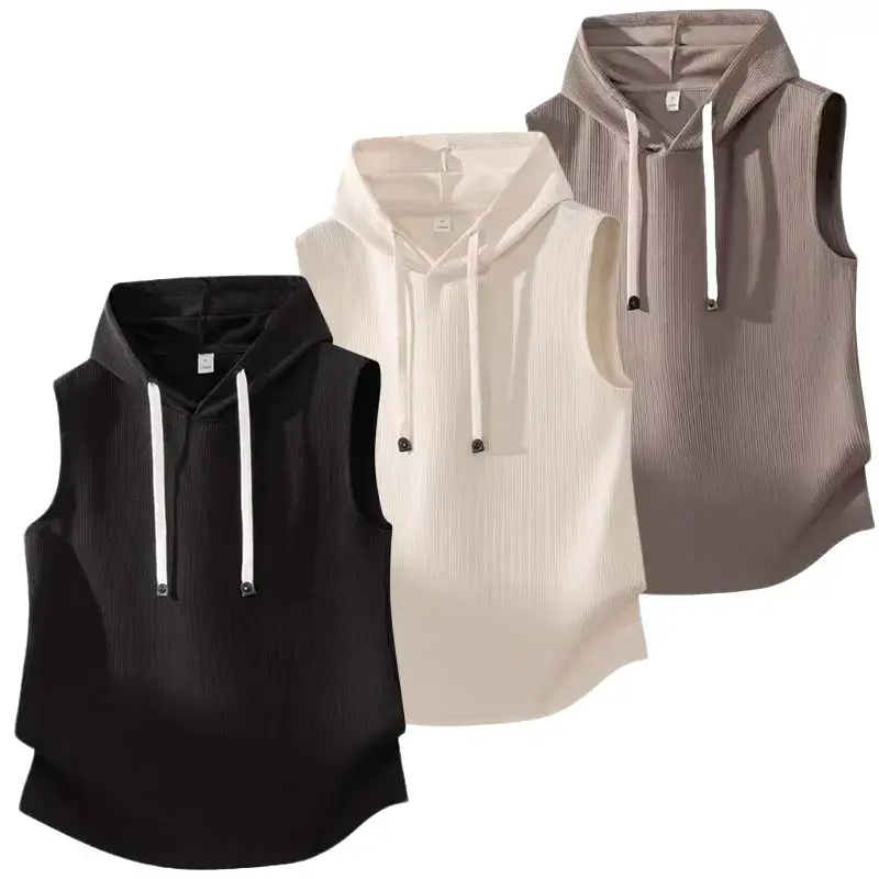 Men's Oversized Striped Hooded Tank Top, Casual Stretchy Pullover Athletic Singlet for Summer Basketball Wear, Sporty Chic, Male, Fitted, Athletic Singlet Men's Tanks, Plain, Fashion, Normal Type, Outdoor Wear, No Closure, Open Front, Sportswear Tank Top,