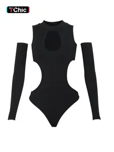 Women's Solid Slim Cut Out Bodysuit, New Trendy Aesthetic Mock Neck Bodysuit with Arm Sleeves, Summer Clothing for Party Club, Ladies Summer Clothes