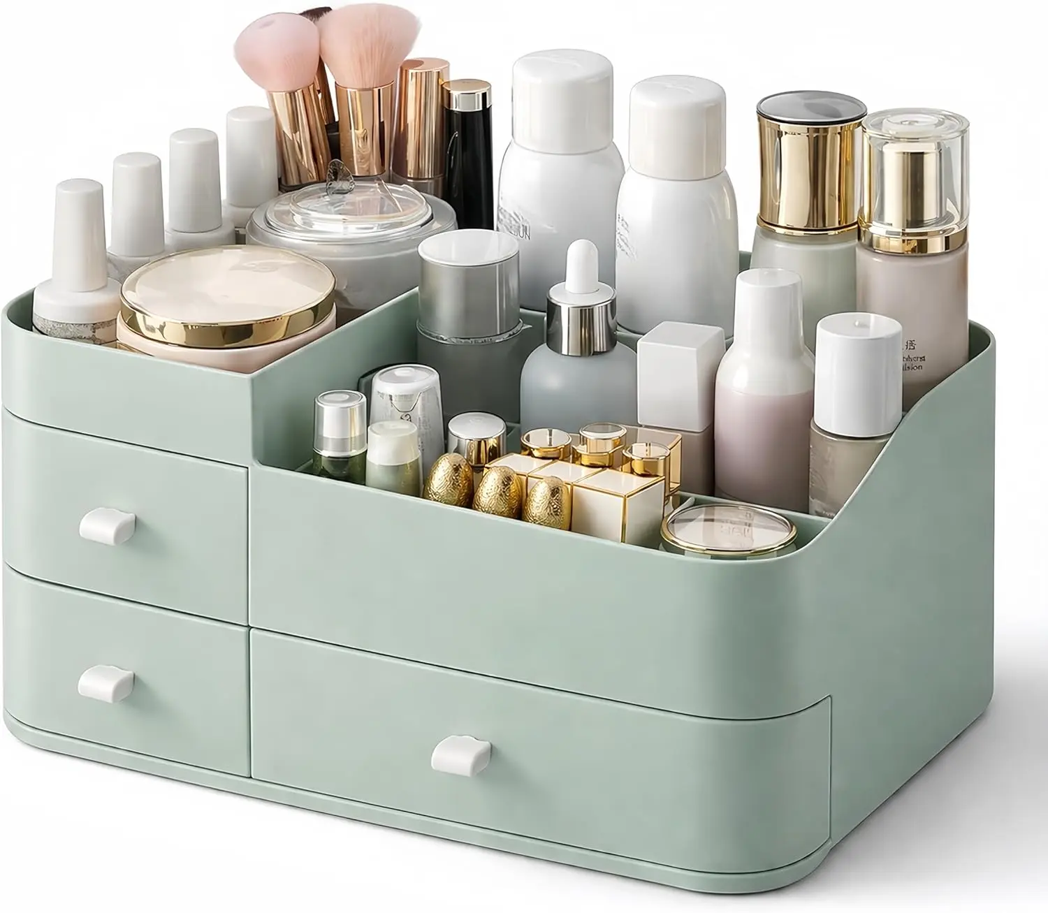 Makeup Organizer with 3 Drawers, Large Vanity Storage for Skincare, Perfume, Lipstick and Brushes, Countertop Cosmetic Holder for Bathroom, Dresser or Bedroom, Green