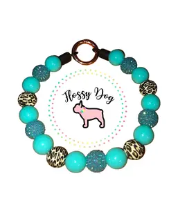 Aqua Leopard Print Beaded Dog Collar | Custom Rhinestone Dog Necklace |  Luxury Jewelry For Pets |  Durable Collar with Beads & Collar Charm