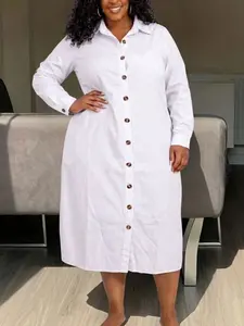 Plus Size White Collared Long Sleeve Button Shirt Dress – Basic Casual Womenswear, Comfortable and Slim Fit, Essential for Everyday Wear