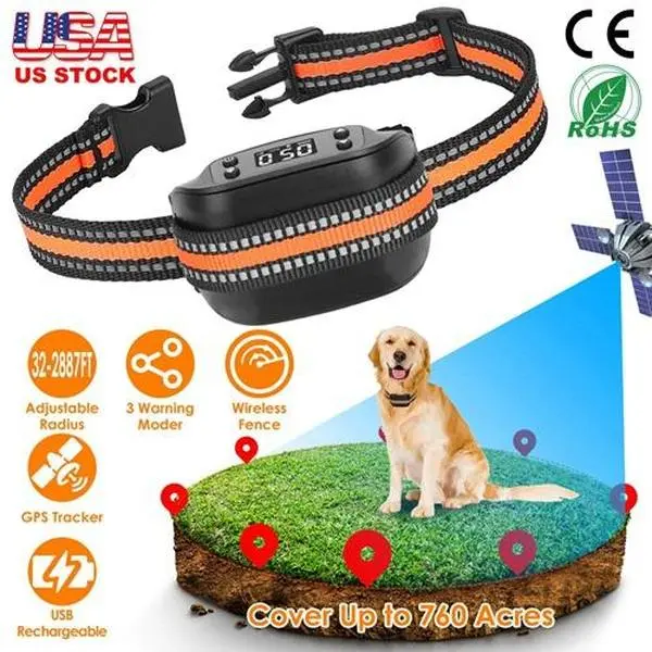 2-in-1 Wireless GPS Dog Fence & GPS Tracker Collar - ABS + PU IPX6 Waterproof Pet Containment System with Anti-Bark Device, Vibration, Audible Alerts, Digital Display for All-Size Dogs (Covers 760 Acres, 28-32 ft Range), 18*14*5 Cm