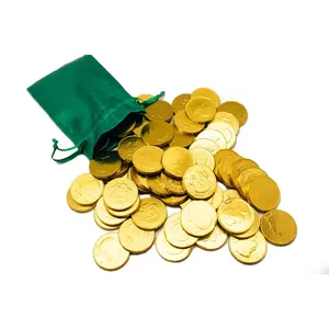 St. Patrick's Day Green Pouch w/ 20 Milk Chocolate Gold Coins - Linen Drawstring Bag - Golden American Half Dollar Coins