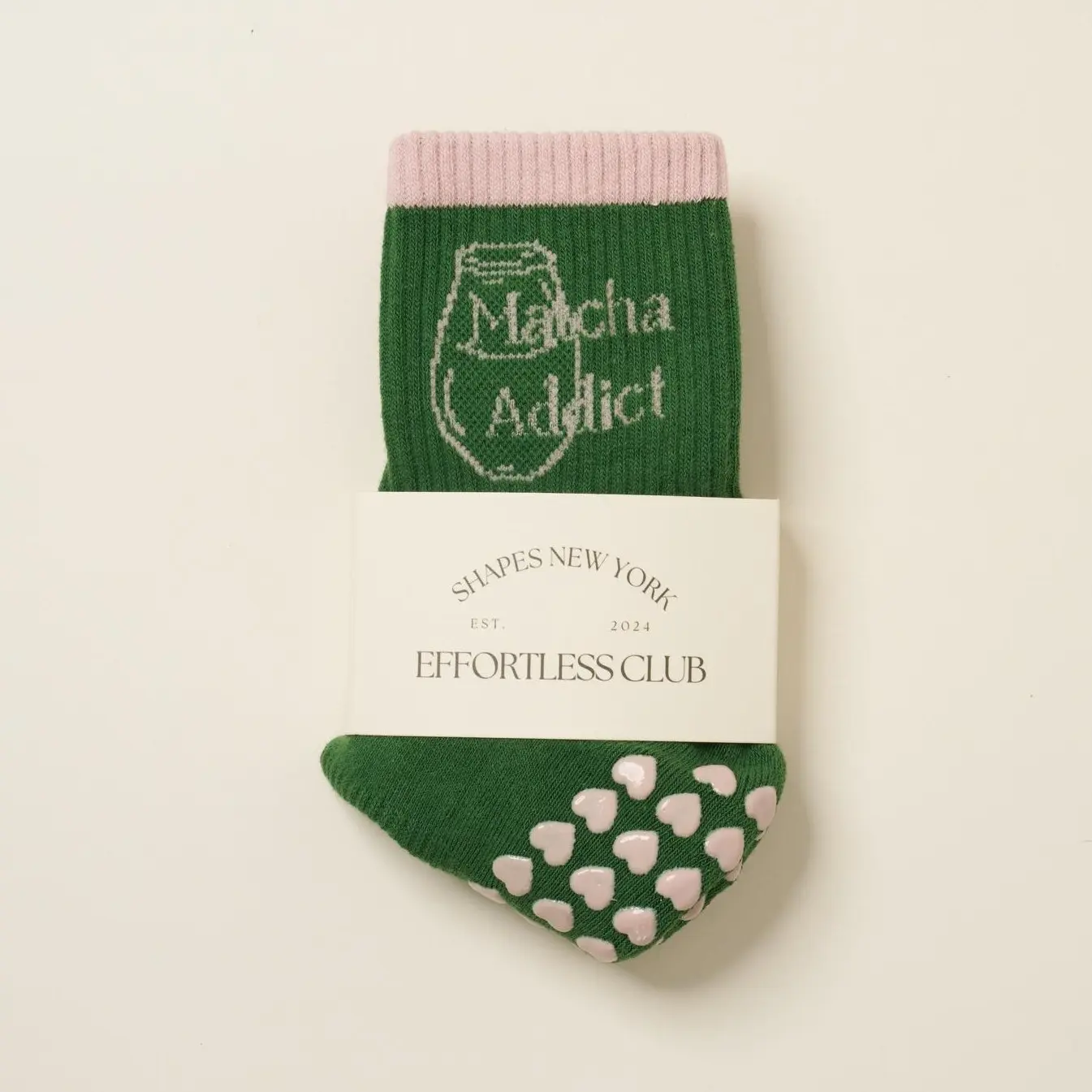 Effortless Club Grip Socks, Matcha Addict Crew Half Calf Non-Slip Socks, Fun Pilates Socks, Yoga Fitness, Green Pink Match Tea Lover