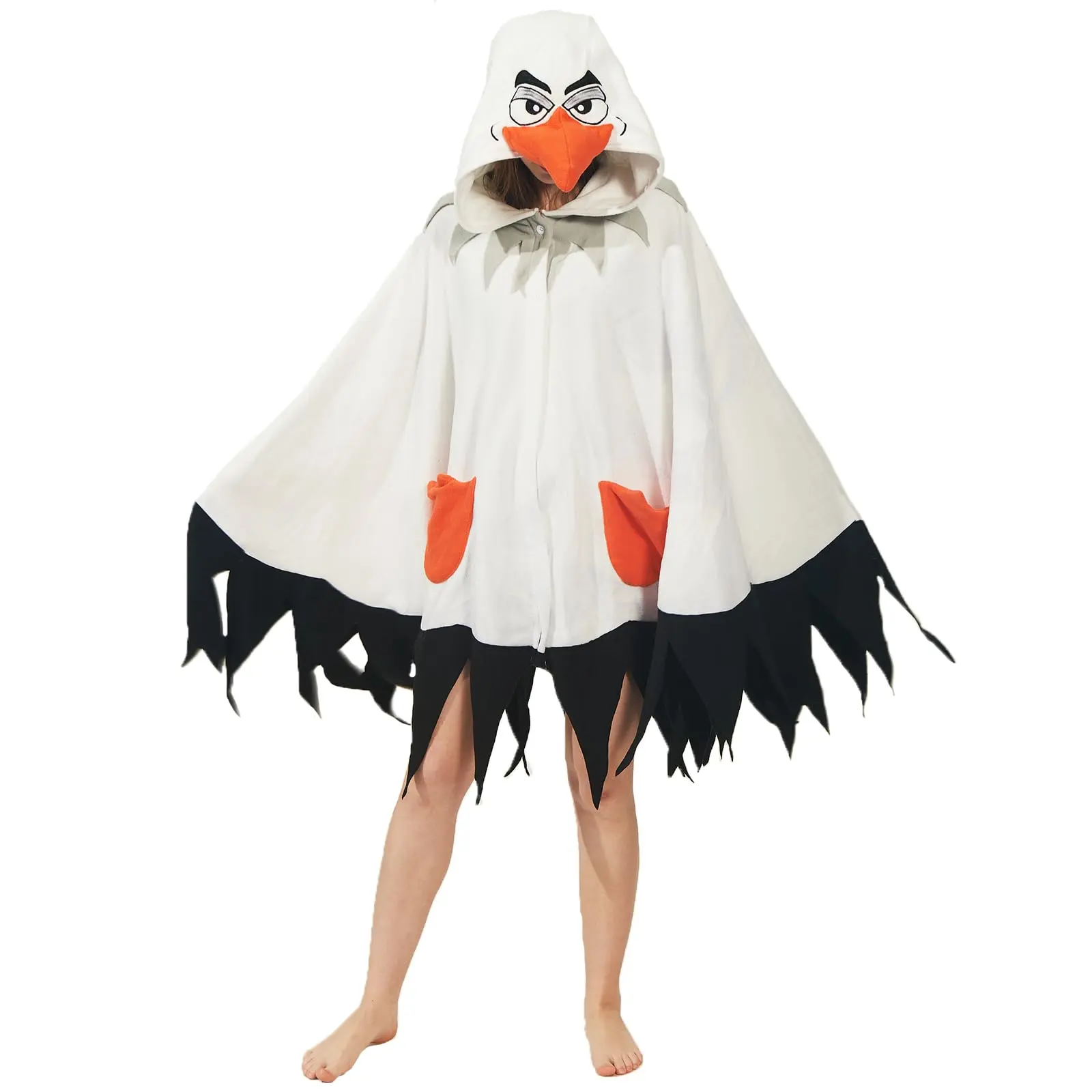 Women's Seagull-Themed Ghost Face Horror Cosplay Hooded Fleece Cape - Unisex, Plain Polyester Clothes, Machine Washable (Cold Wash Compatible), Knitted Outfits for Christmas Parties
