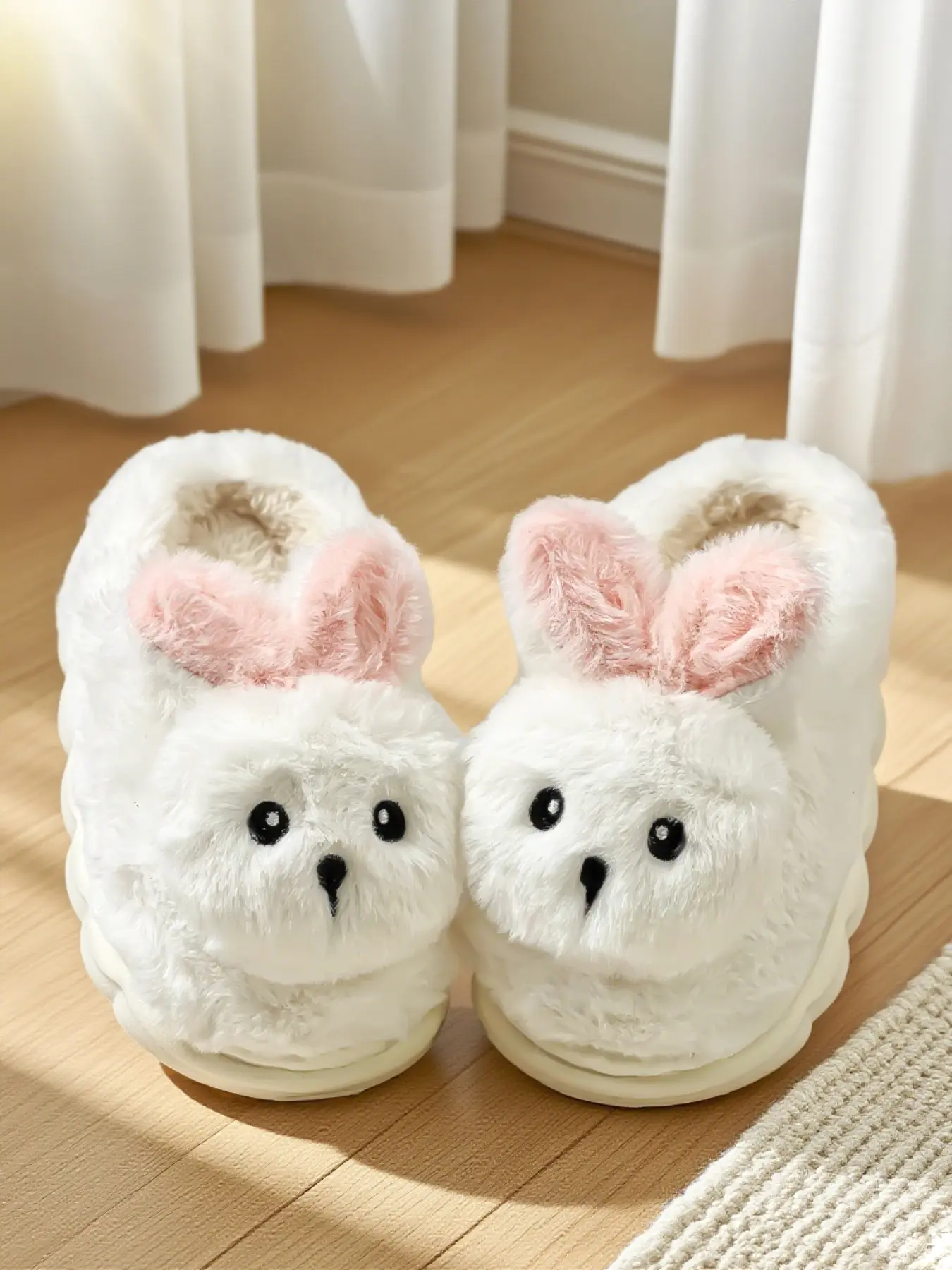 Cute Cartoon Rabbit Plush Slippers, Fluffy House Slippers, Bedroom Slippers, Indoor Home Warm Fleece Comfortable Casual Slip-On Shoes, Cozy Winter Footwear