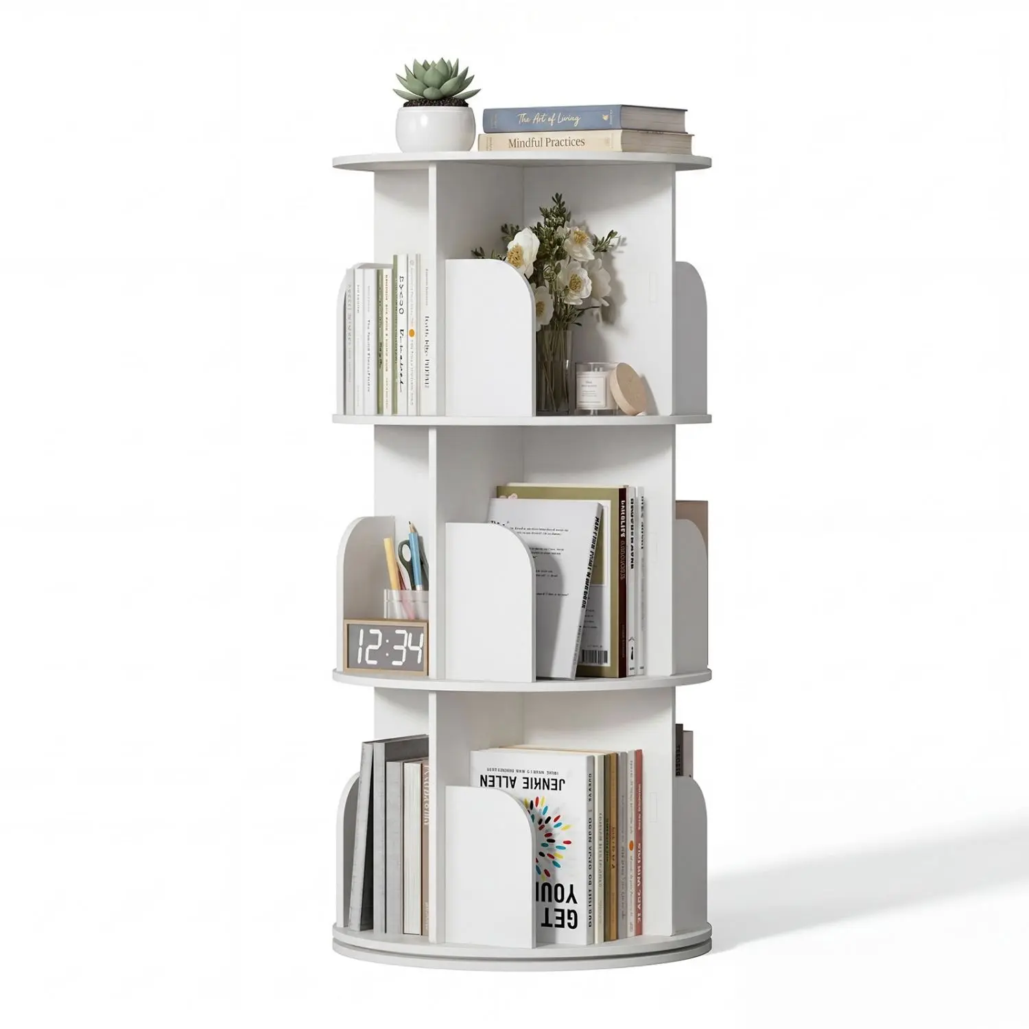 3/4/5-Tier Rotating Bookshelf, 360° Spinning Wood Bookcase Tower – Floor Standing Corner Storage Rack, Space-Saving Display Shelf for Small Spaces, Bedroom, Living Room & Study Room