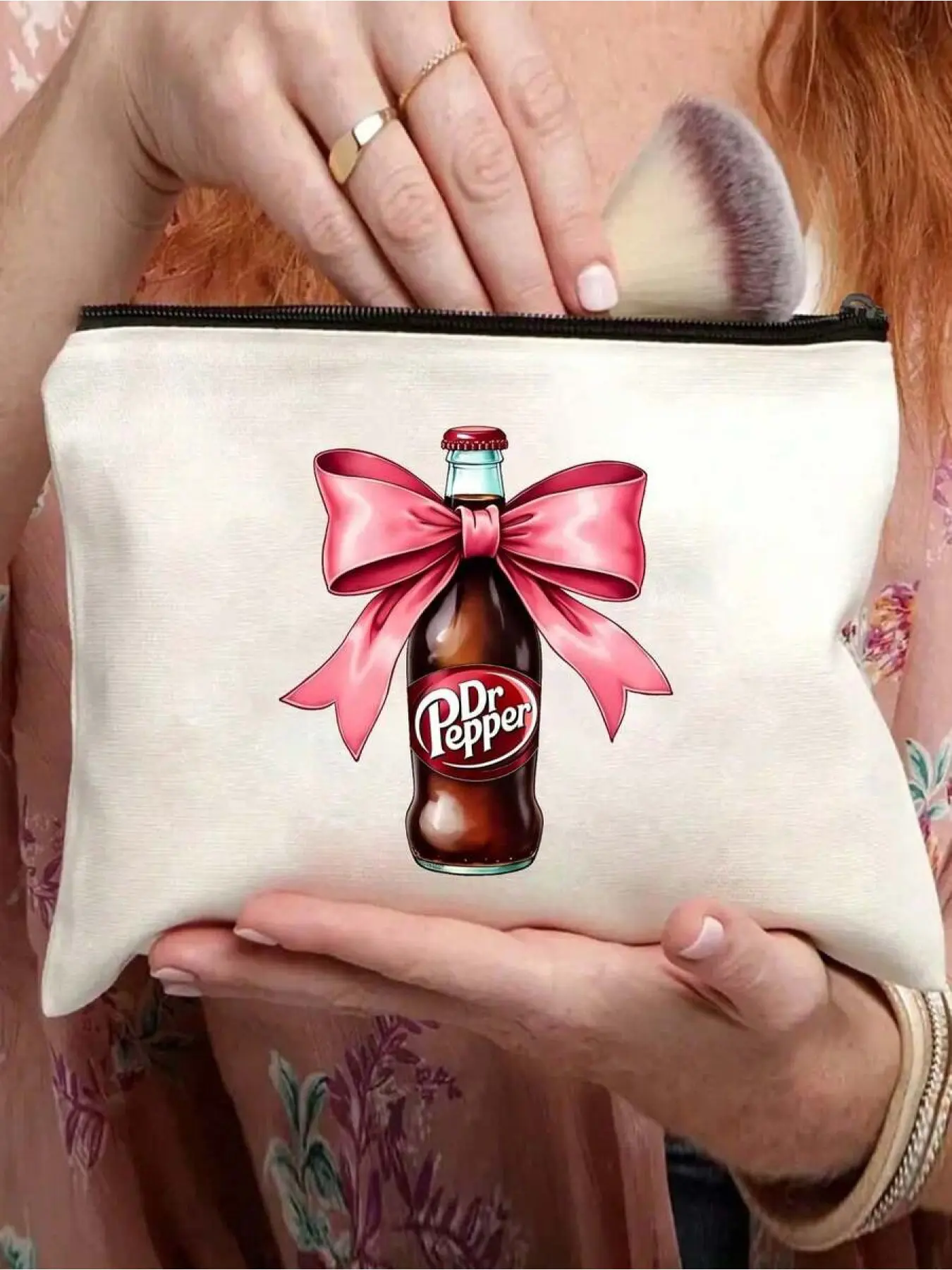 Humorous Canvas Toiletry Bag With Cute Pink Bow Bottle Pattern, Soft Durable Washable Canvas Material, Elegant Romantic Style Compact Lightweight Foldable Zippered Cosmetic Organizer, Premium Luxury Travel Pouch For Women Teen Girls Bridesmaids, Ideal For