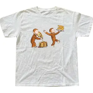 Curious George Pancake Party T-Shirt, Funny Monkey Breakfast Graphic Tee, Cute Cartoon Pancake Lover Shirt, Unisex Cotton Casual Tee