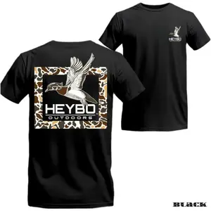 Double-sided Print Design Black Roundneck Tshirt | Flying Mallard Graphic Tees For Waterfowl Hunters | Outdoor Sport Menswear | Tropical Classic Crewneck Shortsleeve | Stylish Casual  Cotton Streetwear