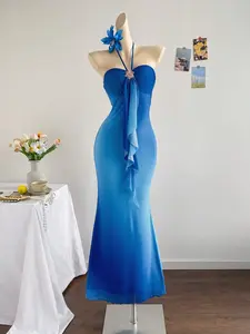 Ladies' blue gradient mesh hanging neck fish tail long dress, hanging neck strapless design, vintage Y2K chiffon dress&pure desire wind wrapped buttocks long dress, metal flower decoration - front ribbon, suitable for spring, summer, autumn, beach, party