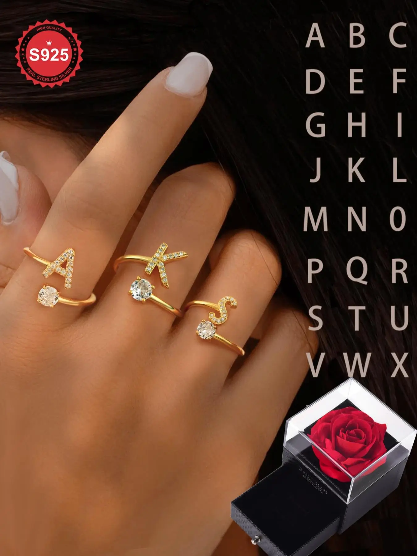 S925 Sterling Silver Initial Letter Adjustable Ring, Initial Rings, Fashion Rhinestone Decor Cuff Ring for Party, Daily Clothing Decor, Trendy All-match & Exquisite Jewelry for Gift Wedding, Valentine's Day, Gift, Alphabet Design Ring