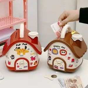 Trendy -Inspired House-Shaped Savings Jar, Holds Paper Bills & Coins, Includes DIY Cartoon Stickers Set, Lock & Key Included, Perfect Gift