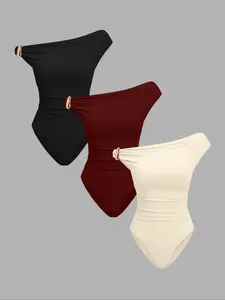 Women's 3-Piece Fall Winter Solid Knit Set, Casual Fashionable Comfortable Fitted One-Shoulder Crop Top, Inner Wear or Outerwear, All-In-One, Womenswear