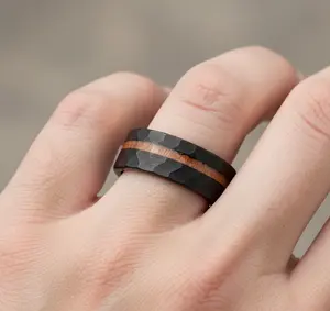 Mens Hammered Tungsten Wedding Band with Wood Inlay, Black Tungsten Ring, Hawaiian Koa Wood Ring, Engagement Ring, Promise Ring for Him