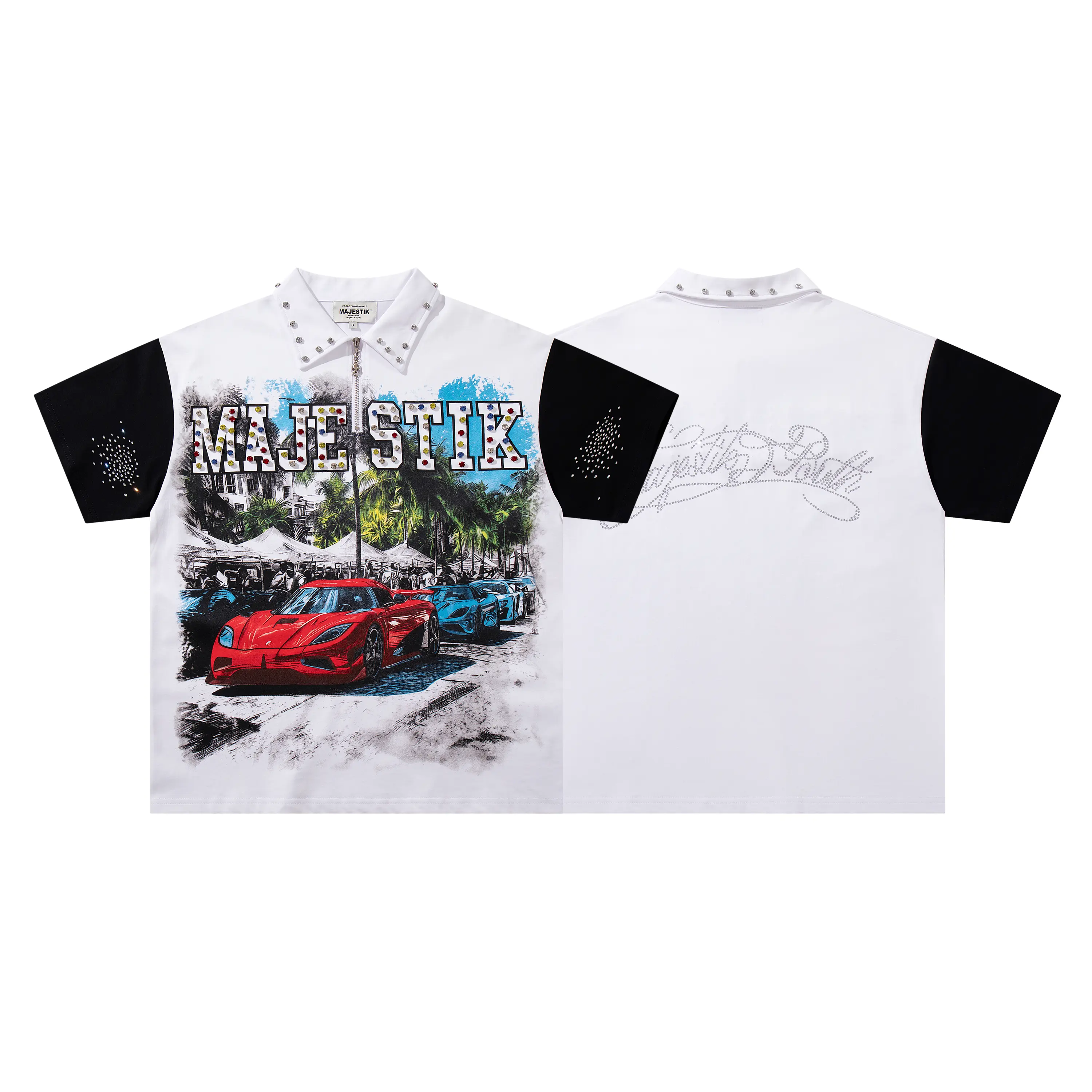 2026 New MAJESTIK American High Street Graphic T-Shirt, Digital Direct Garment Print, Vintage Acid Washed Heavy Hotfix Rhinestone, 100% Cotton Oversized Men’s Hip Hop Streetwear Tee, Coachella Festival, Spring Break, Nightclub Outfit