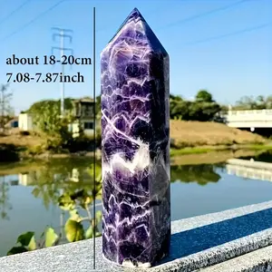 A Beautiful Dreamy Amethyst Tower Crystal Decorative Craft Exquisite Obelisk Star Monument White Stripes Unique Home Office Decor Luxurious Crystal Stone Home Theme Style Suitable for Home Garden Decoration